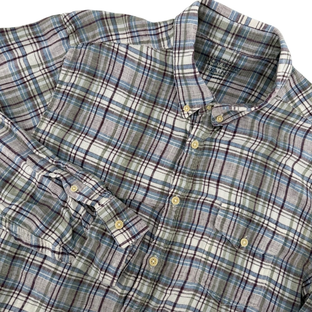 Lucky Brand Mens L Plaid Linen Button Down Shirt Long Sleeve Casual Preppy Work